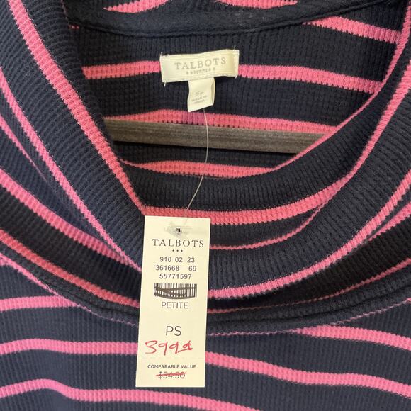 Talbots Petite NWT - Petite Small - Navy ribbed Top - Cowl neck -Pink Stripes - Picture 2 of 4
